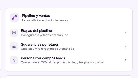 Sección Pipeline y ventas del hub de configuración, con Etapas del pipeline, Sugerencias por etapa y Personalizar campos leads