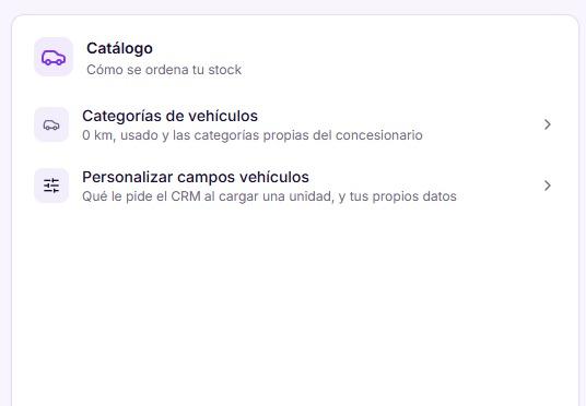 Sección Catálogo del hub de configuración, con Categorías de vehículos y Personalizar campos vehículos