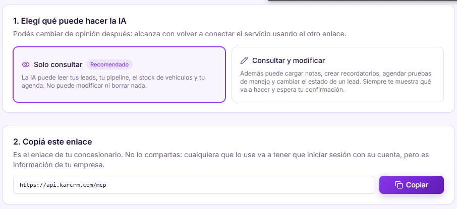 Pantalla Conexiones IA del CRM, con el selector de permisos y el enlace listo para copiar