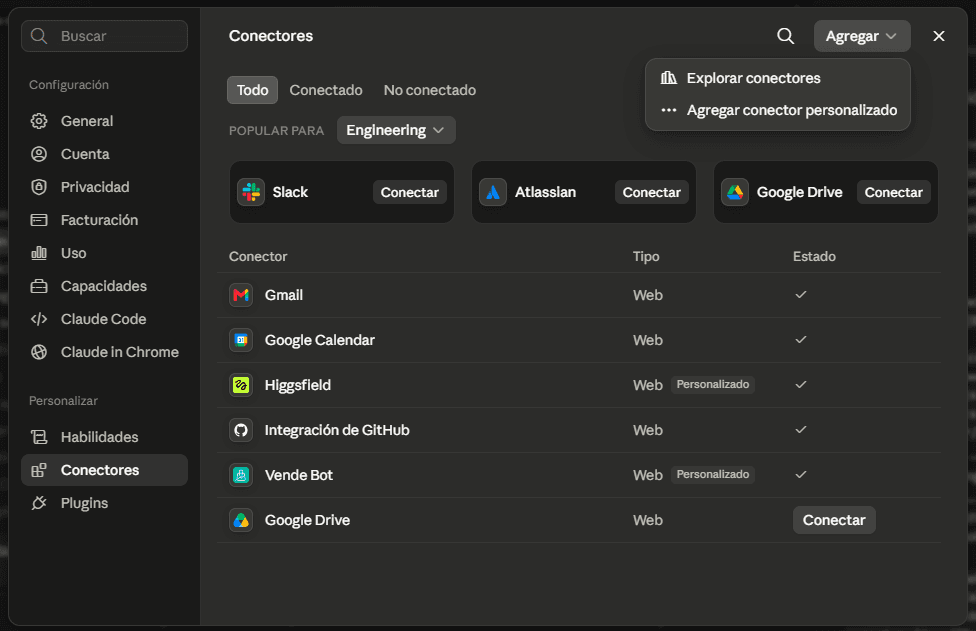 Pantalla de conectores de Claude con el menú del botón Agregar desplegado, mostrando la opción Agregar conector personalizado