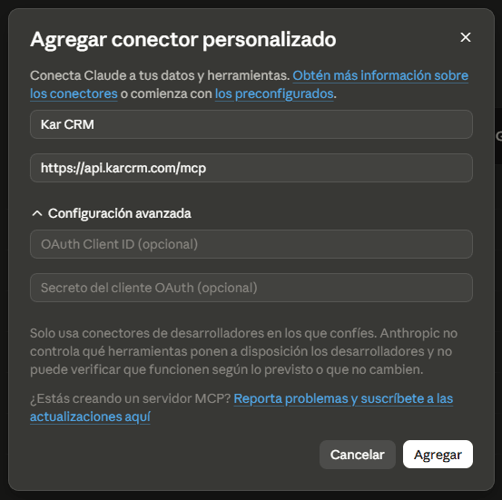 Diálogo Agregar conector personalizado de Claude, con el nombre Kar CRM y la URL del CRM ya pegada